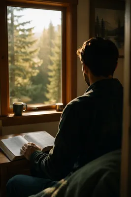 Man Reading Bible in Morning Cabin Light
