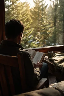 Man Reading Bible in Morning Cabin Light