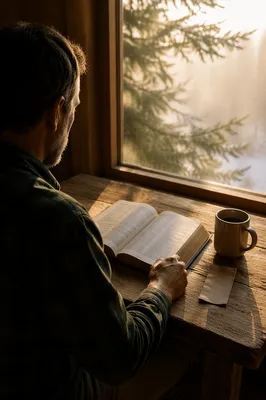 Morning Bible Reading by Evergreen Window