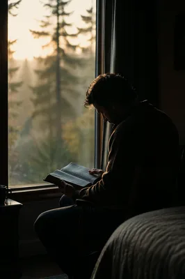 Man Reading Bible in Morning Window Light