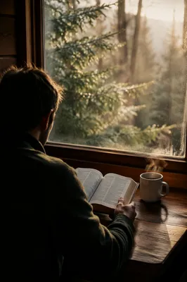 Man Reading Bible in Morning Cabin Light