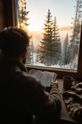 Man Reading Bible in Morning Cabin Light