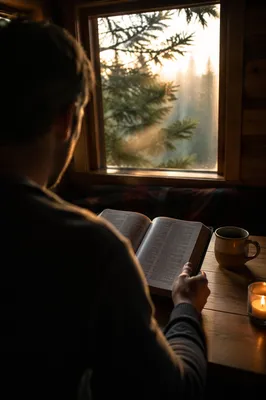 Man Reading Bible in Morning Cabin Light