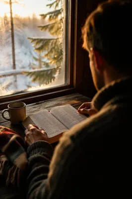 Morning Bible Reading by Frosted Evergreen Window