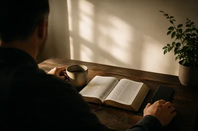 Morning Bible Devotion at Wooden Desk