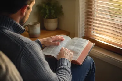 Man Reading Bible in Morning Window Light
