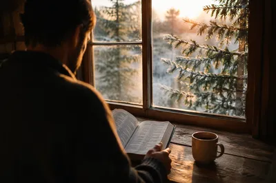 Man Reading Bible in Morning Cabin Light