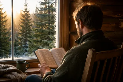 Morning Bible Reading by Evergreen Cabin Window