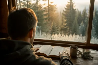 Morning Bible Reading by Evergreen Window