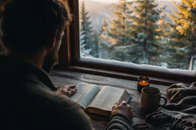 Morning Bible Reading by Evergreen Window