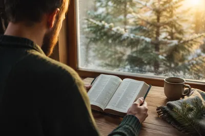 Morning Bible Reading by Frosted Evergreen Window
