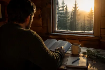 Man Reading Bible in Morning Cabin Light