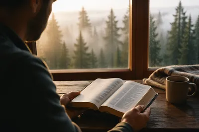 Morning Bible Reading by Evergreen Window