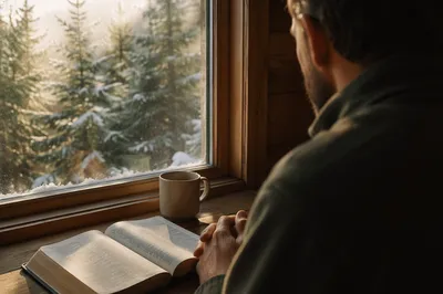 Man Reading Bible in Morning Cabin Light