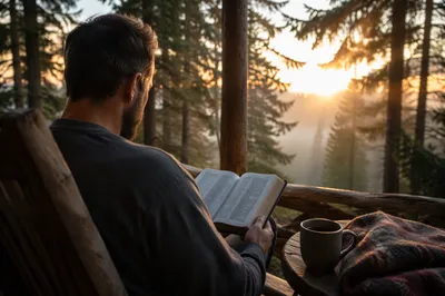 Man Reading Bible in Morning Pines