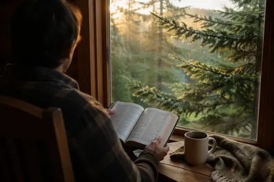 Morning Bible Reading by Evergreen Window
