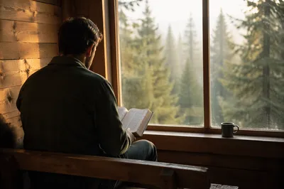 Morning Bible Reading in Evergreen Cabin