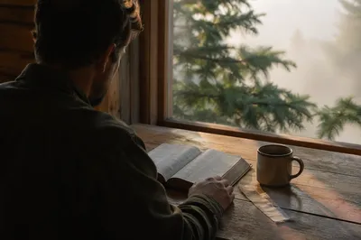 Morning Bible Reading by Evergreen Window