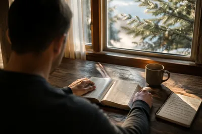 Morning Bible Reading by Evergreen Window