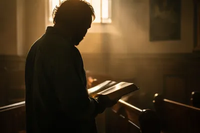 Man Reading Bible in Morning Chapel Light
