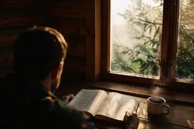 Man Reading Bible in Morning Cabin Light