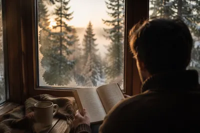 Morning Bible Reading by Evergreen Cabin Window