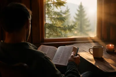 Morning Bible Reading in Evergreen Cabin