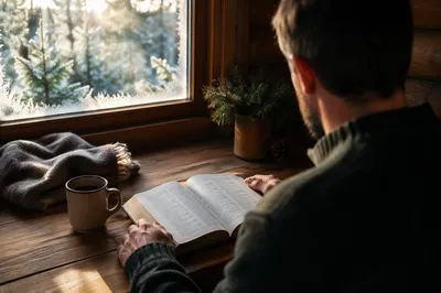 Man Reading Bible in Morning Cabin Light