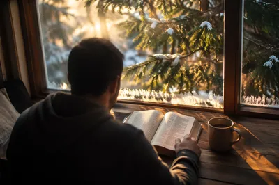 Morning Bible Reading by Frosted Evergreen Window
