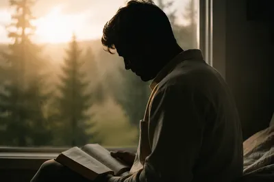 Morning Bible Devotion by Evergreen Window