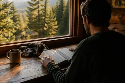 Man Reading Bible in Morning Cabin Light