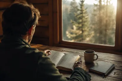 Morning Bible Reading in Quiet Cabin