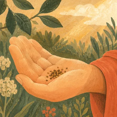 Mustard Seeds in Open Palm with Evergreen Bokeh