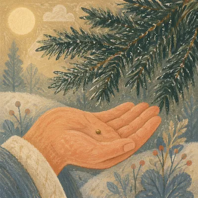 Mustard Seed in Hand Beneath Evergreen