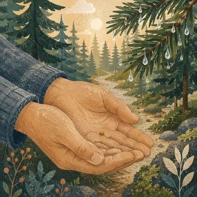 Mustard Seed Held on Evergreen Forest Path