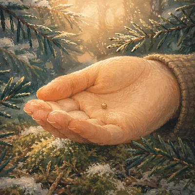 Mustard Seed in Hand Among Evergreens