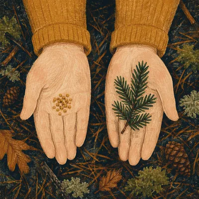 Mustard Seeds and Evergreen Sprig in Open Hands