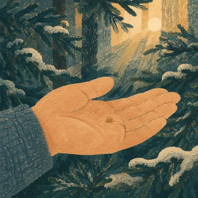 Mustard Seed in Hand Over Evergreens