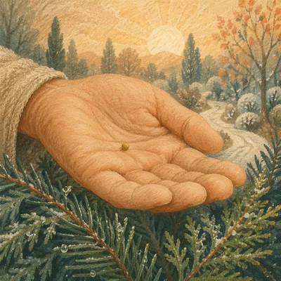 Mustard Seed in Palm Among Evergreens
