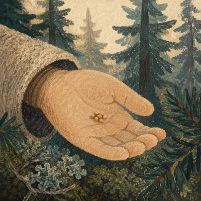 Mustard Seeds in Palm Among Evergreens