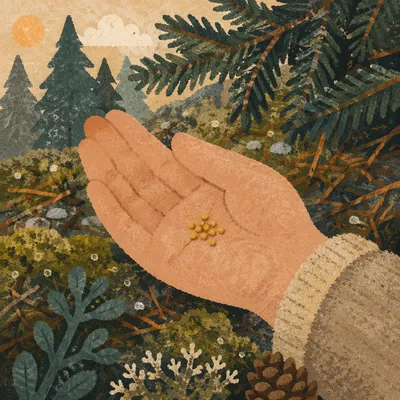 Mustard Seeds in Palm Evergreen Light
