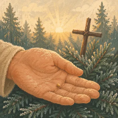 Mustard Seed in Palm Among Evergreens