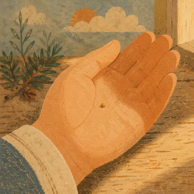 Mustard Seed in Open Palm with Evergreen