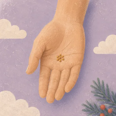 Mustard Seeds in Palm with Evergreen