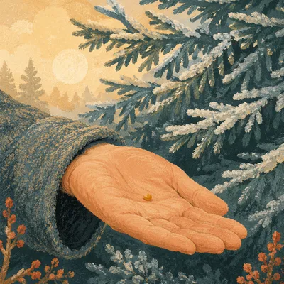Mustard Seed in Hand Among Frosted Evergreens