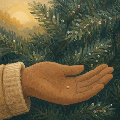Mustard Seed in Hand Among Evergreens