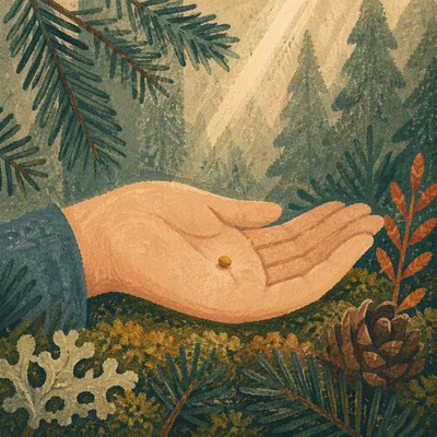 Mustard Seed in Open Palm Among Evergreens
