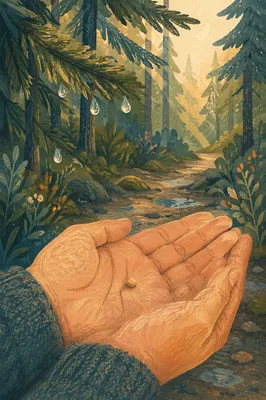 Mustard Seed Held in Evergreen Forest Hands