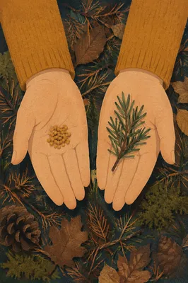 Mustard Seeds and Evergreen Sprig in Hands