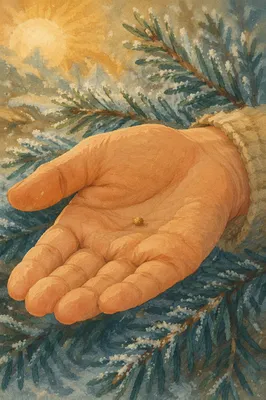 Mustard Seed in Hand with Evergreen